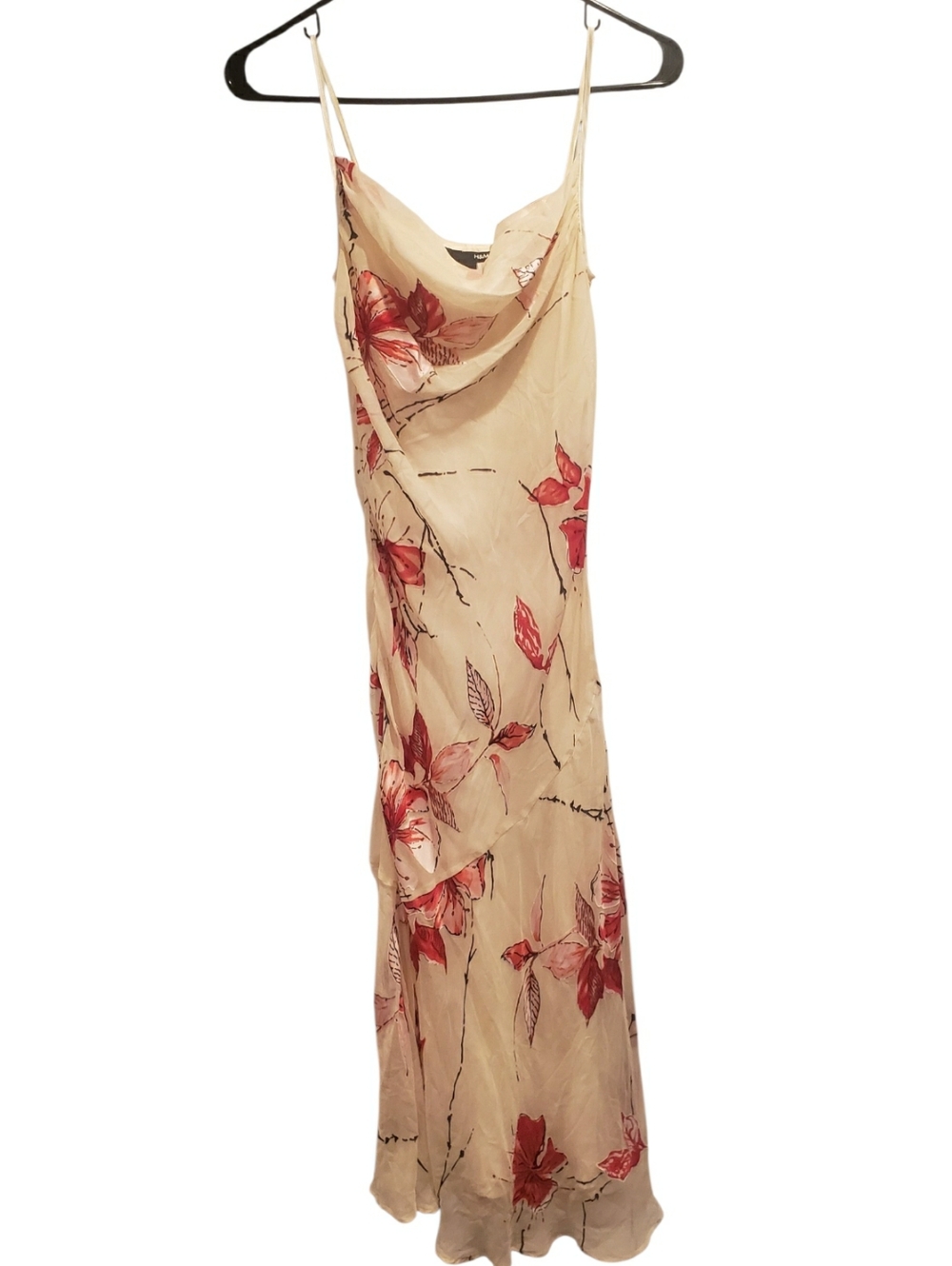 Vintage 2004 H&M Beige Silk Slip Dress With Red Flowers Size 6